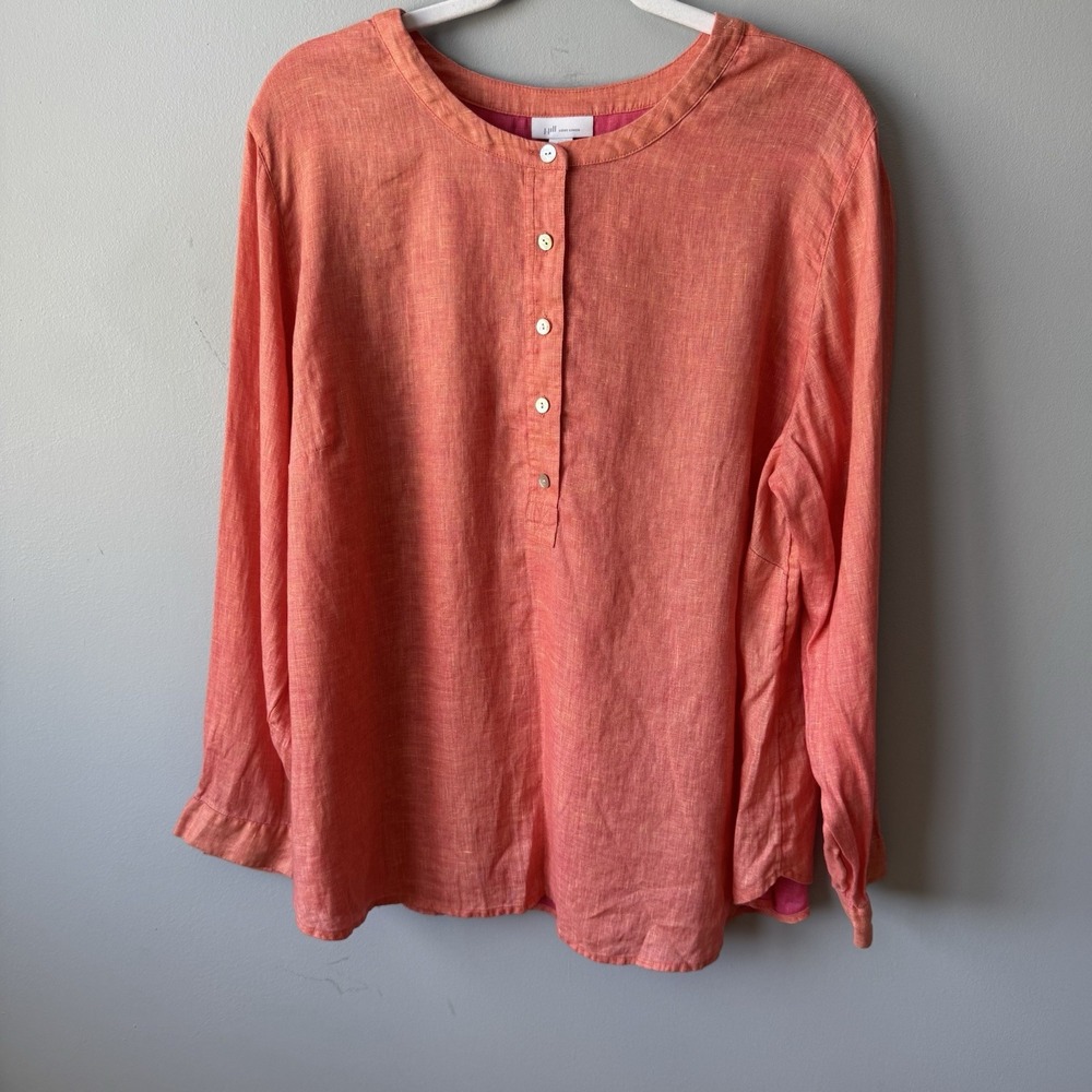 J Jill Linen Shirt Womens 2X Orange Long Sleeve Partial Button Top Blouse